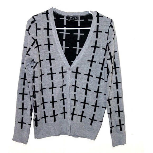 POL Sweaters - POL Sweater Women Gray Black Cross Button Closure V Front Long Sleeve Cardigan S